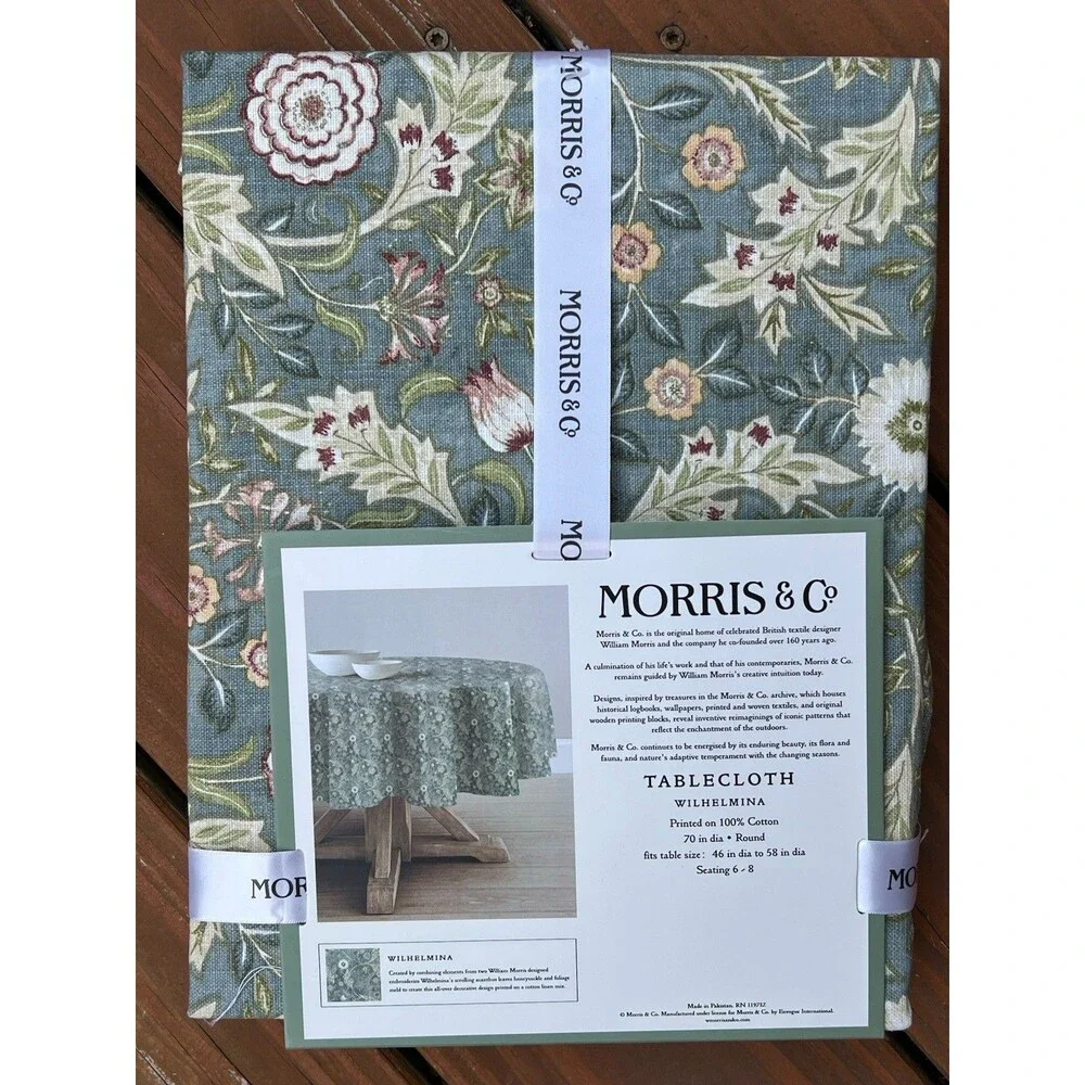 MORRIS & Co Wilhelmina 100% Cotton Tablecloth 70” ROUND Green Floral New
